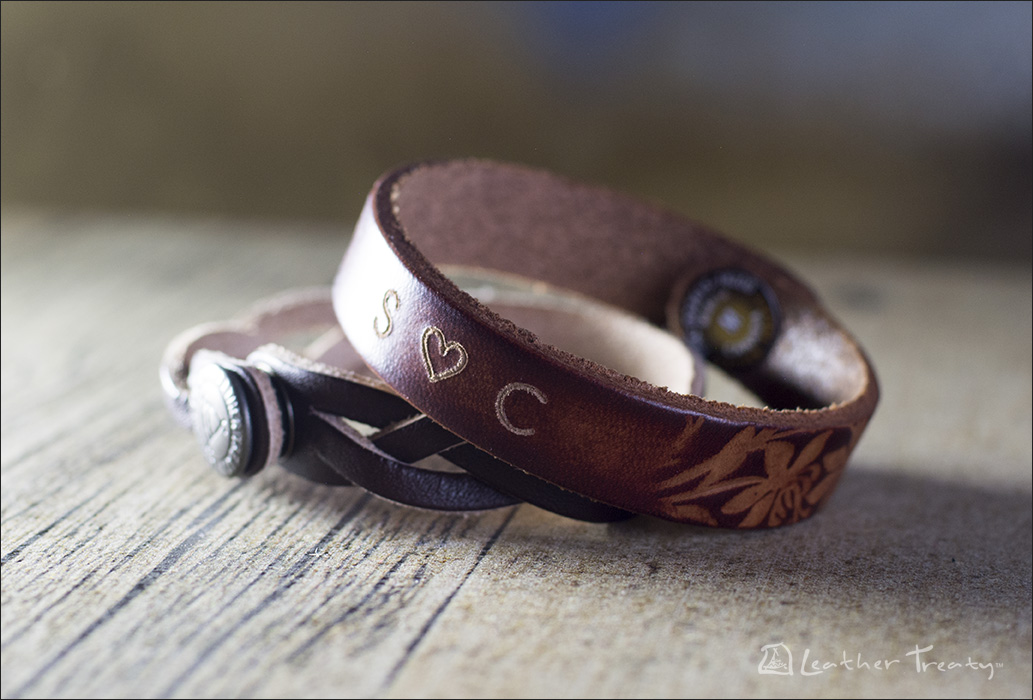 Engraved Leather Anniversary Date Bracelets